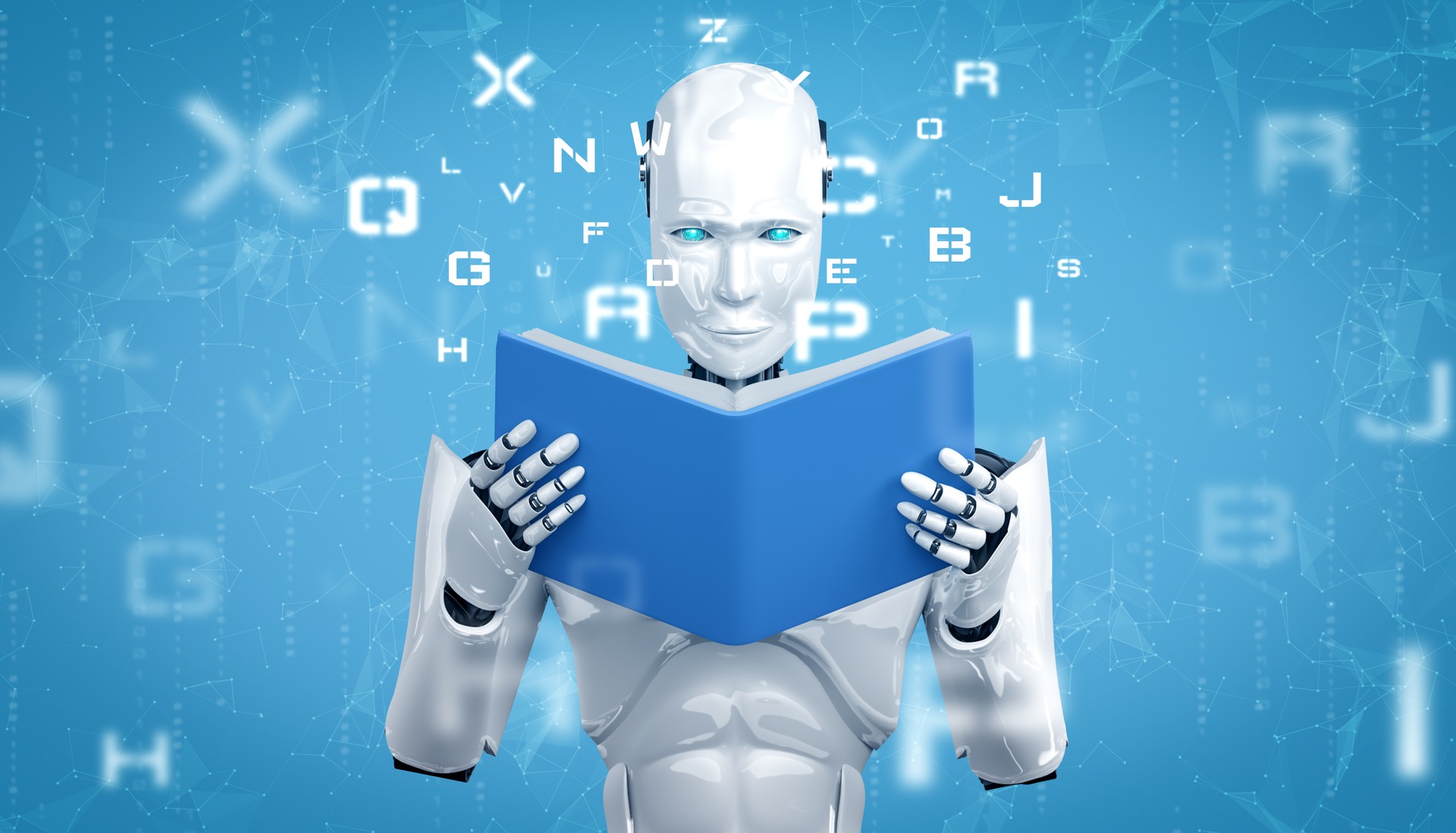 3D illustration of robot humanoid reading book